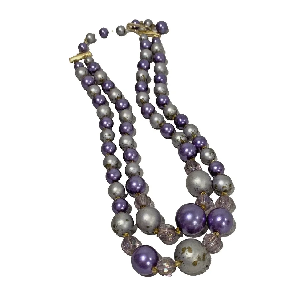 Vintage Mid Century Two Strand Choker Necklace Purple Gray Beaded Signed Japan